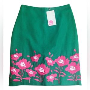 Boden Embroidered Floral Skirt Sz 2 Green Pink Pencil Preppy